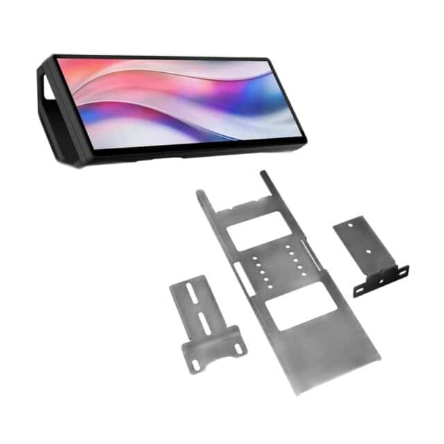 De CORSAIR XENEON EDGE + Mounting Bracket Bundle van Fanatec, met een breed touchscreen en drie afzonderlijke metalen beugels.