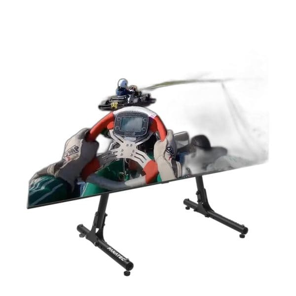 De Fanatec CSL Cockpit Monitor Stand heeft een bovenkant die bedrukt is met de handen van een kart en een wazige baan voor de coureur.