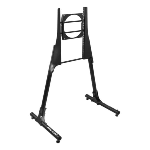 Een zwarte Fanatec CSL Cockpit Monitor Stand met schuine poten, een centrale plaat, wielen aan de voet en brandmerken op één poot.