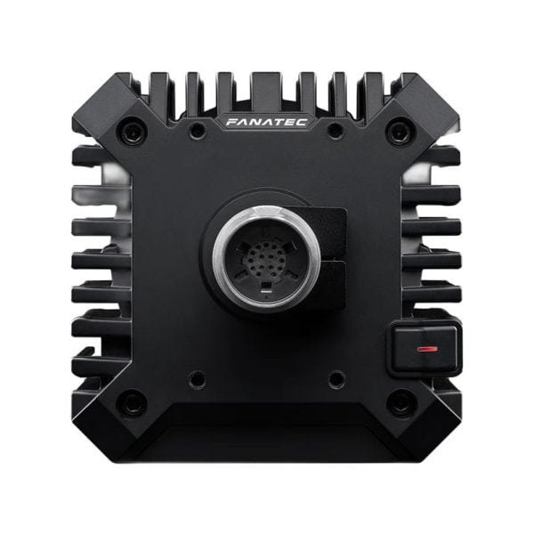 Gereviseerde zwarte Fanatec CSL DD (5 Nm), vierkant, met centrale poort, zijkanten met lamellen, rode indicatorknop en logo bovenop.