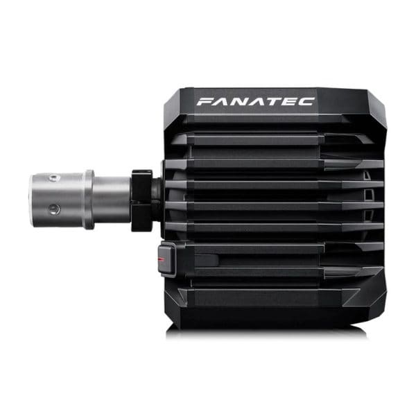 Een gereviseerd Fanatec CSL DD (5 Nm) zwart racestuur met metalen naaf en koelribben wordt zijdelings getoond. Logo bovenaan.