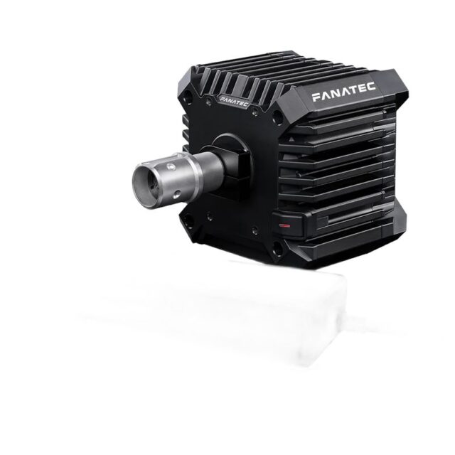 Een gereviseerde Fanatec CSL DD (8 Nm) zwarte stuurbasis met een metalen as, koelribben en Fanatec-logo's op twee zijden.