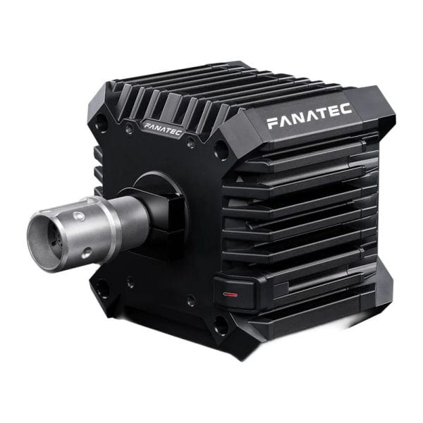 Het Fanatec CSL DD QR1 (8 Nm) racestuur heeft een gestroomlijnde zwarte hoekige vorm, een metalen wielbevestiging, koelribben en Fanatec-logo's.