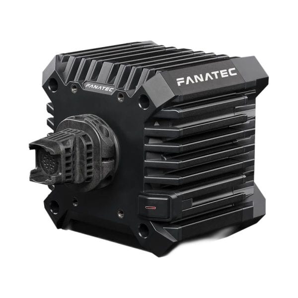 De Fanatec CSL DD QR2 (8 Nm) is een zwarte direct aangedreven racestuurbasis met koelribben, poorten en een vet Fanatec logo.