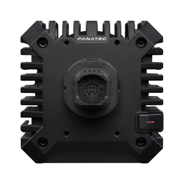 De Fanatec CSL DD QR2 (8 Nm) is zwart en vierkant met vinnen aan de zijkant van het koellichaam, een centrale connector, een rood gelijnde knop en een logo erboven.