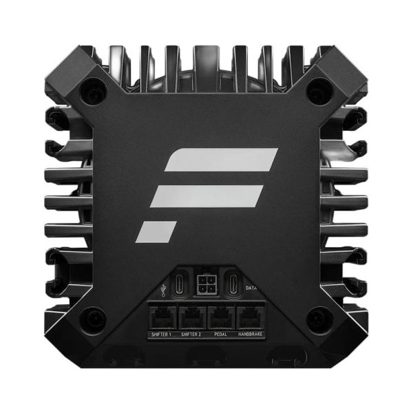 De Fanatec CSL DD QR2 (8 Nm) is een zwart apparaat met koelribben, een wit F logo bovenop en gelabelde poorten onderaan.