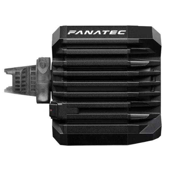 Bovenaanzicht van de Fanatec CSL DD QR2 (8 Nm), een zwart, geribbeld apparaat met montagebeugel aan de linkerkant en wit Fanatec-logo bovenaan.
