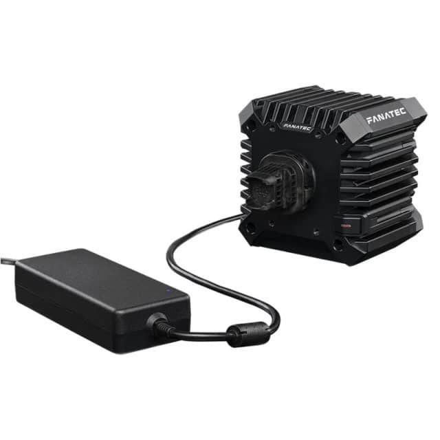 Een zwarte Fanatec CSL DD QR2 (8 Nm) gaming wielmotorbasis is via een kabel verbonden met de bijpassende rechthoekige voedingseenheid.