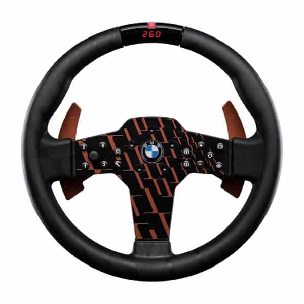 Fanatec CSL DD QR2 Ready2Race BMW Bundel (5 Nm) met BMW racestuur, snelheidsweergave, knoppen vooraan, oranje peddels en BMW logo.