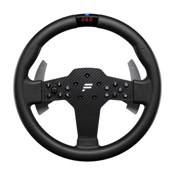 Het Fanatec CSL DD QR2 Ready2Race Bundle (5 Nm) is een zwart racestuur met een digitaal display aan de bovenkant, knoppen in het midden en metalen schakelflippers.