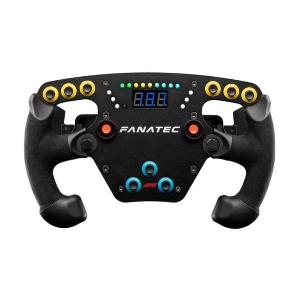 Het Fanatec CSL DD QR2 Ready2Race F1 Esports Bundle (5 Nm) heeft een zwart sim racestuur met kleurrijke knoppen, draaischakelaars en een LED-display.