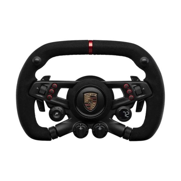 De Fanatec CSL DD QR2 Ready2Race Vision GT Bundle (5 Nm) heeft een zwart stuur met rode accenten, Porsche logo, wijzerplaten, schakelhendels en een digitaal display waarop 72 kan worden afgelezen.