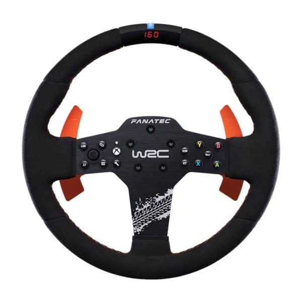 De Fanatec CSL DD QR2 Ready2Race WRC Bundle (5 Nm) bevat een zwart stuurwiel met oranje peddels, consolepictogrammen, een digitaal display aan de bovenkant en een handgreep met textuur aan de onderkant.