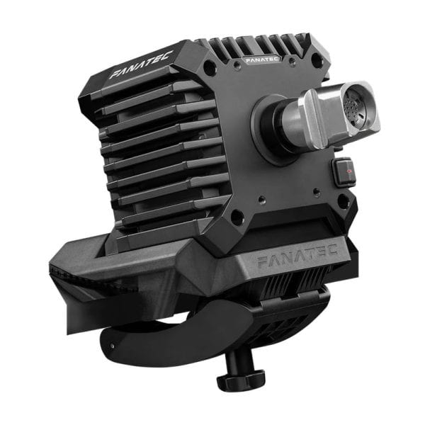 De Fanatec CSL DD tafelklem in zwart en zilver heeft een ontwerp met koelribben, een montageklem en een snelkoppelingsnaaf voor een racestuur.