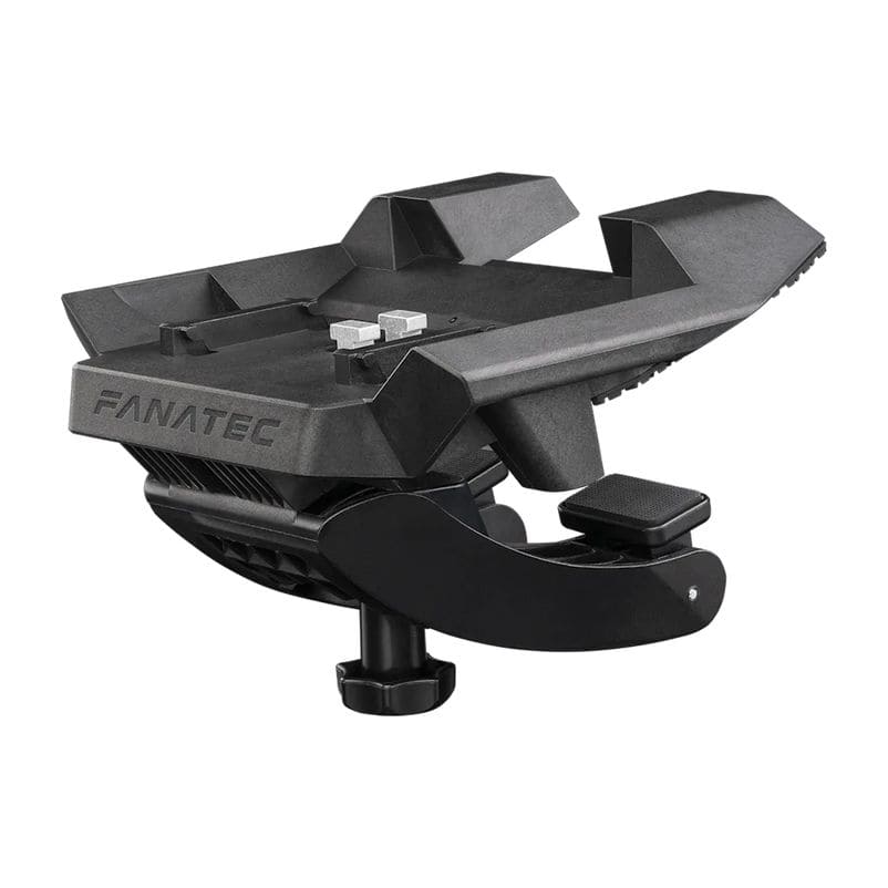De Fanatec CSL DD tafelklem is een zwart metalen en plastic beugel met verstelbare onderdelen en een Fanatec logo in reliëf op de basis.