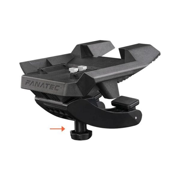 Er wordt een zwarte Fanatec CSL DD tafelklemschroef met gripwiel getoond. De klem wordt bevestigd aan oppervlakken, met een pijl op de instelknop.