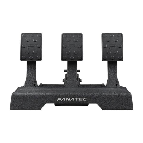 Een vooraanzicht van de Fanatec CSL Elite Pedalen V2 (Refurbished), met drie zwarte racepedalen op een gemerkte voet.