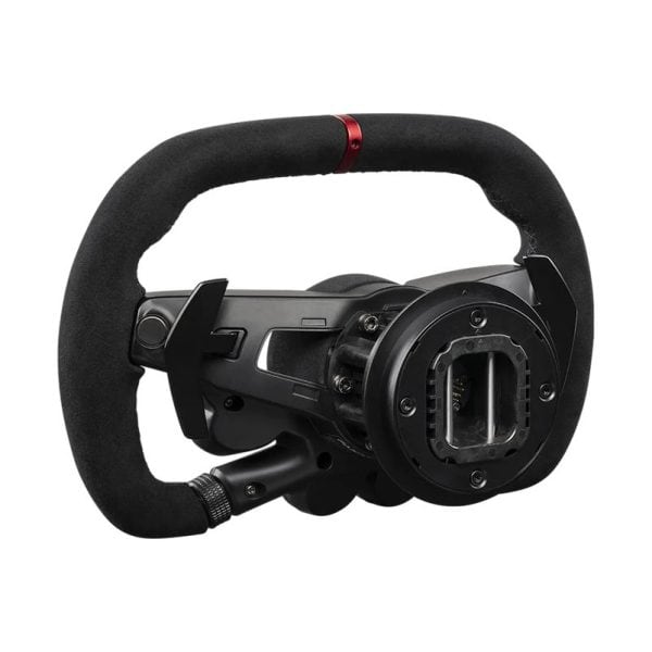 Het Fanatec CSL Elite Stuur Porsche Vision GT heeft een zwart, open ontwerp met vlakke onderkant, rode middenmarkering, knoppen en een metalen bevestigingsnaaf.