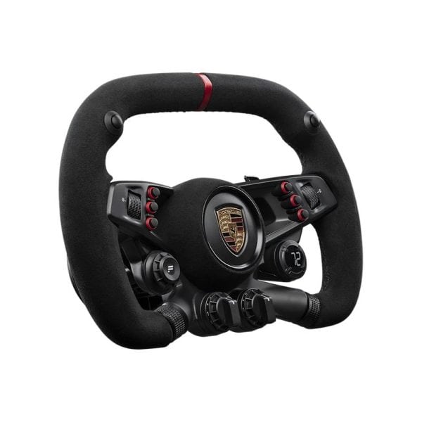 Het Fanatec CSL Elite Steering Wheel Porsche Vision GT (Refurbished) is een zwart racestuur met Porsche logo, bedieningsknoppen, draaiknoppen en een klein digitaal display.