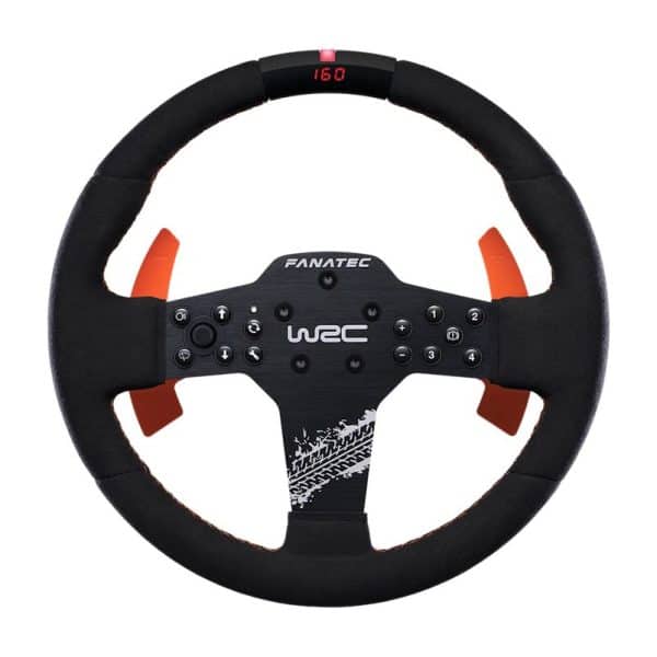 Het Fanatec CSL Elite stuurwiel WRC heeft een digitaal display, oranje schakelflippers, verschillende knoppen en WRC/FANATEC logo's.