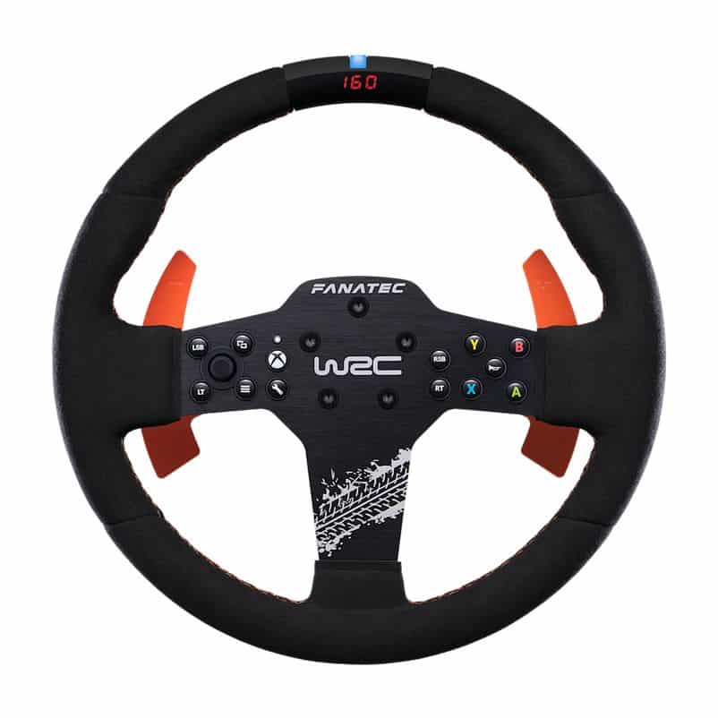 Het Fanatec CSL Elite Stuur WRC QR2 (Refurbished) heeft een zwarte body, oranje peddels, LED display met 160 en gelabelde knoppen.