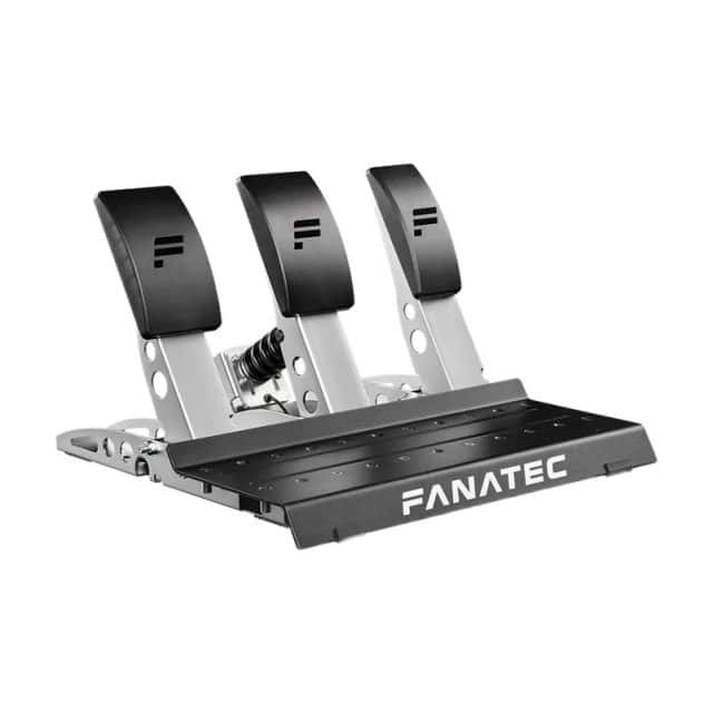De Fanatec CSL Pedalen LC toont drie gestroomlijnde metalen en zwarte pedalen op een stevige basis, gebouwd voor high-performance sim racen.