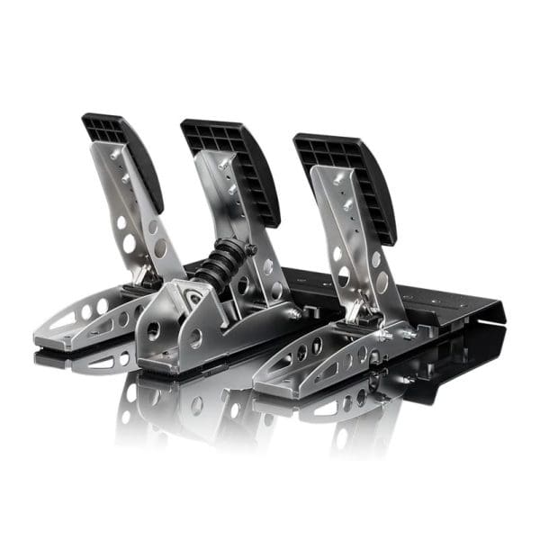 De Fanatec CSL Pedalen Load Cell Kit bestaat uit drie metalen pedalen met zwarte voetplaten, gemonteerd op een basis met veren en framegaten.