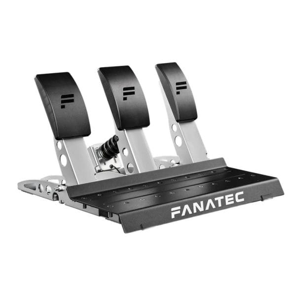 Gereviseerde Fanatec CSL Pedalen Load Cell Kit met drie metalen pedalen, zwarte voetsteunen, zilveren scharnieren en "FANATEC" merkopdruk.