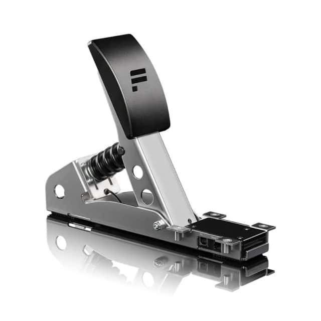 Een close-up van de Fanatec CSL Pedals Load Cell Kit (Refurbished) met een reflecterend oppervlak zichtbaar onder het product.