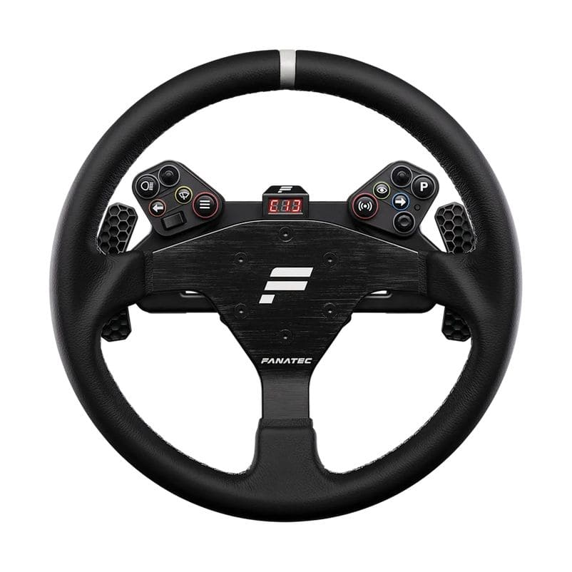 Een zwart Fanatec CSL-stuur 320 V2 met meerdere knoppen, een klein digitaal display middenboven en handgrepen met textuur.