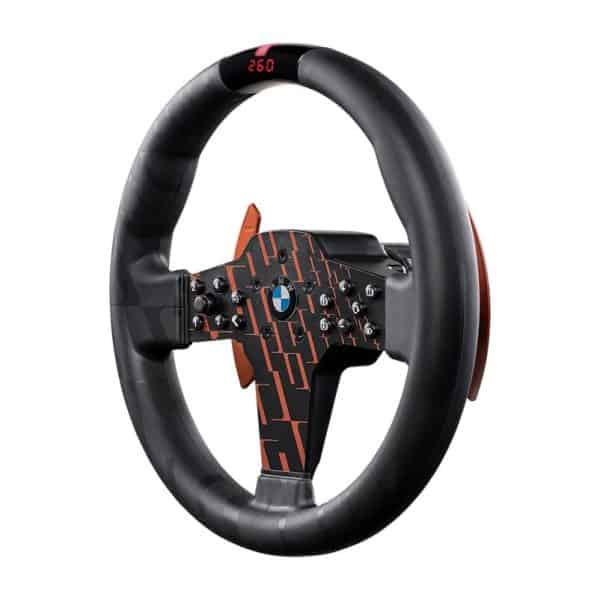 Zwart en oranje Fanatec CSL BMW racestuur met digitaal 250-display, schakelflippers, knoppen en BMW logo in het midden.
