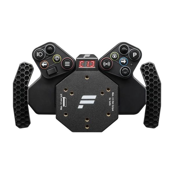 Het Fanatec CSL-stuur Flat 2 V2 toont "E.13" op het digitale scherm, met getextureerde grepen, knoppen en tuimelschakelaars.