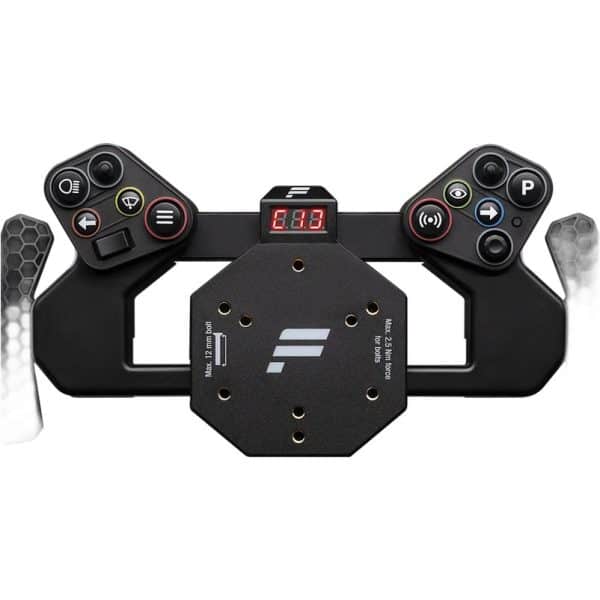 De Fanatec CSL Universal Hub V2 + QR2 Lite Wheel-side is een zwart racestuur met knoppen, paddles, een display en een achthoekige basis.