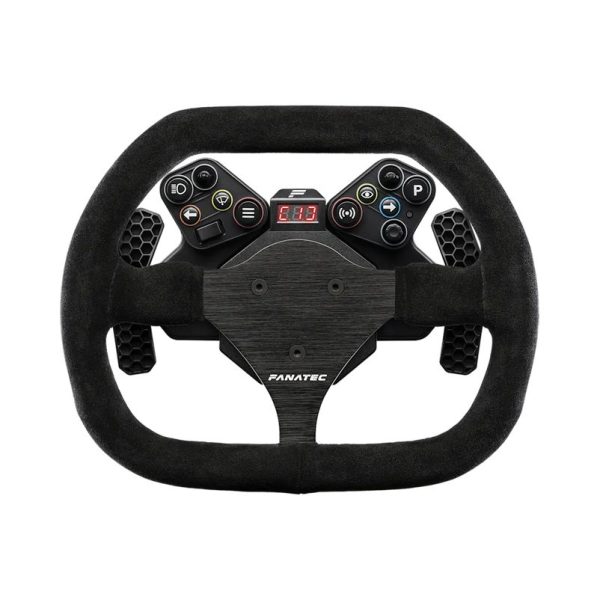 Fanatec CSL Universal Hub V2 + QR2 Lite Wheel-side heeft een zwart stuur met getextureerde grips, platte onderkant, knoppen, middendisplay en Fanatec-logo aan de onderkant.