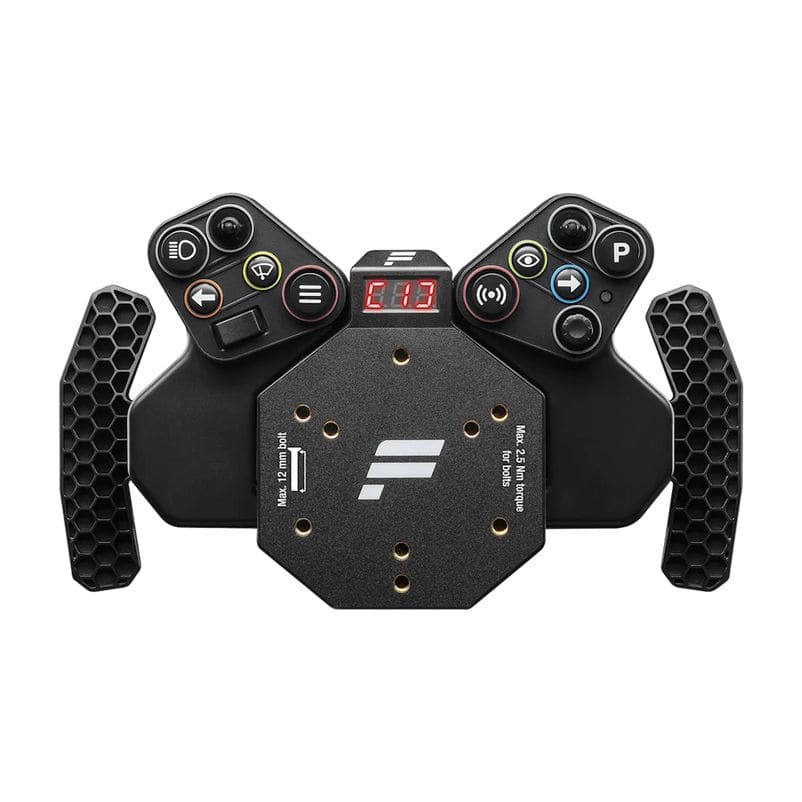 De Fanatec CSL Universal Hub V2 + QR2 Lite Wheel-side is een zwart racestuur met getextureerde grips, knoppen, LED-display (E 1 3) en een centrale montageplaat met een wit logo.