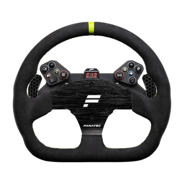 De Fanatec CSL Universal Hub V2 QR2 (Refurbished) heeft zwarte suède grips, een gele middenstreep, knoppen, peddels, een digitaal display en het Fanatec-logo onderaan.