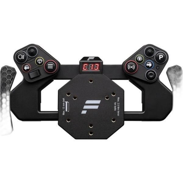 Zwarte Fanatec CSL Universal Hub V2 + QR2 met meerdere knoppen, een display met 0,13, twee zilveren peddels en een centraal logo.