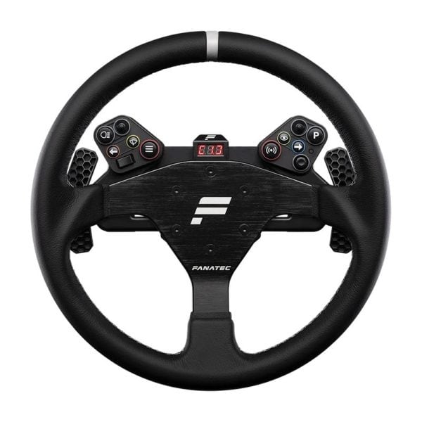 Zwarte Fanatec CSL Universal Hub V2 + QR2 Wheel-side met digitaal scherm, knoppen aan de zijkant en joysticks, leren grip en logo onderaan.