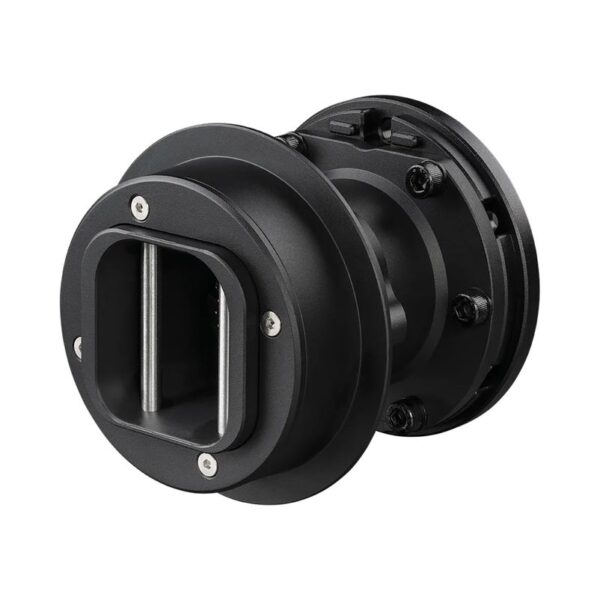 De Fanatec wielnaaf is een zwart, cilindervormig metalen onderdeel met een rechthoekige opening, verschillende schroeven en geribbelde randen voor machinegebruik.