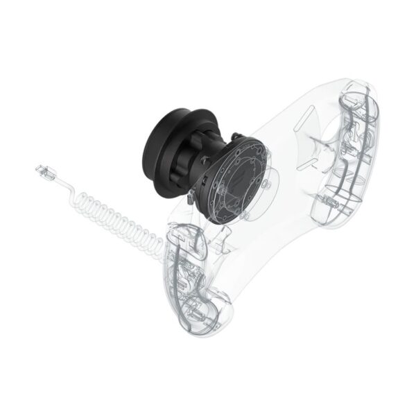 Een doorkijkje van de Fanatec Wheel Hub toont interne knoppen, triggers, een ronde eenheid en een opgerolde kabel.
