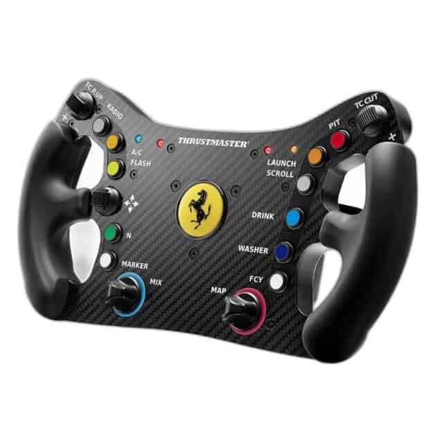 Het Fanatec FERRARI 488 GT3 WHEEL ADD-ON is een zwart racestuur met dubbele handgrepen, kleurrijke knoppen, draaiknoppen en een geel Ferrari-logo in het midden, ontworpen als een F1-stuur.