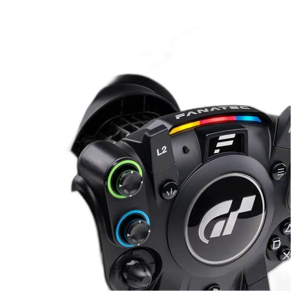 Een close-up van het Fanatec Gran Turismo® DD Pro (8 Nm) racestuur toont gelabelde knoppen, gekleurde ringen, LED-indicatorstrip bovenop en het Gran Turismo®-logo in het midden.