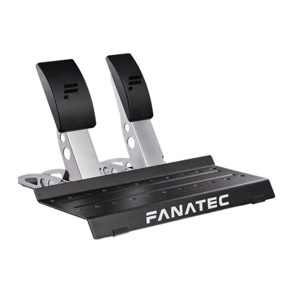 Zilver-zwarte metalen racepedalen op een zwarte voetplaat met Fanatec-logo, gemaakt voor het Gran Turismo® DD Pro-systeem (8 Nm).