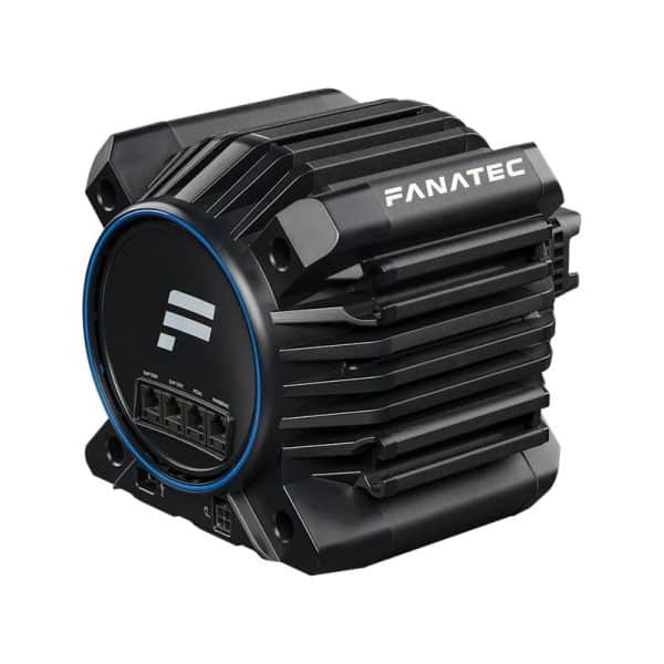 De Fanatec Gran Turismo® DD PRO Wheel Base (8 Nm) is een zwart apparaat met koelribben en poorten aan de voorkant voor sim race setups.