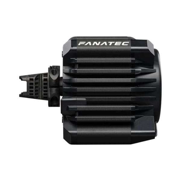 De Fanatec Gran Turismo® DD PRO Wheel Base (8 Nm) is zwart, geribbeld, rechthoekig, met koelribben en het FANATEC-logo erop.