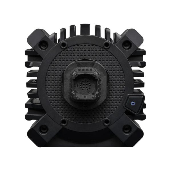 Een close-up vooraanzicht van de Fanatec Gran Turismo® DD PRO Wheel Base (8 Nm) in zwart met een ronde ventilator, vinachtige koellichamen, aan/uit-knop aan de rechterkant en oppervlak met structuur.