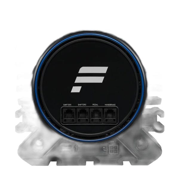De Fanatec Gran Turismo® DD PRO Wheel Base (8 Nm) heeft een rond zwart ontwerp, een centraal F-logo en vier gelabelde poorten: "SHIFTER1, SHIFTER2, PEDAL en HANDBRAKE.