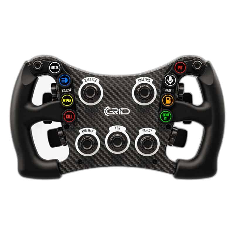 De Fanatec GRID MPX V2 is een zwart sim racestuur van koolstofvezel met kleurrijke knoppen, drie draaiknoppen en gelabelde bedieningselementen.