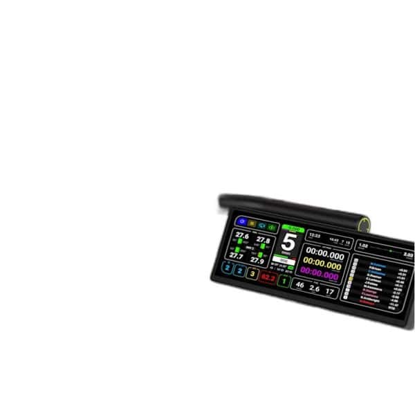 De Fanatec GT Cockpit Accessoirebevestiging (Zwart) houdt een digitaal racedashboard veilig vast dat rondetijden, versnelling, snelheid en gegevens toont.