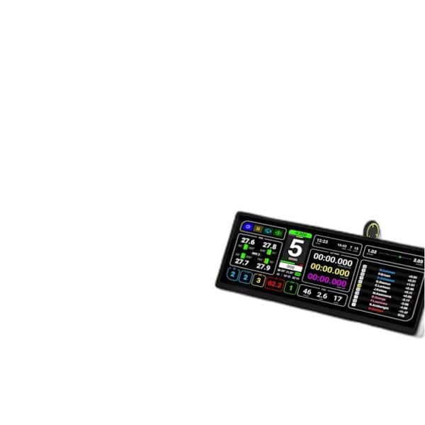 De Fanatec GT Cockpit Accessory Mount (wit) toont snelheid, versnelling, rondetijd, cijfers en gekleurde indicators op een gekanteld digitaal dashboard.